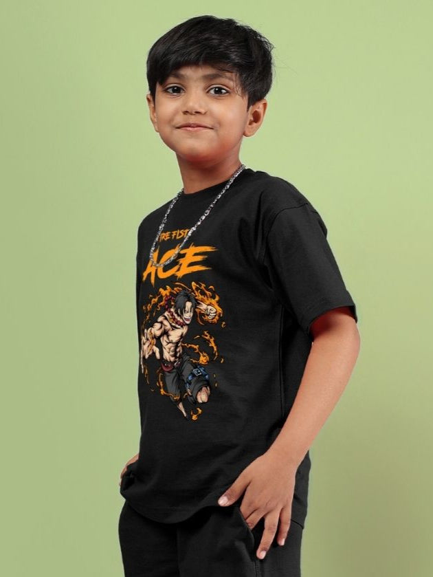 Child wearing ACE black t-shirt, unisex design with bold graphics, suitable for boys and girls.