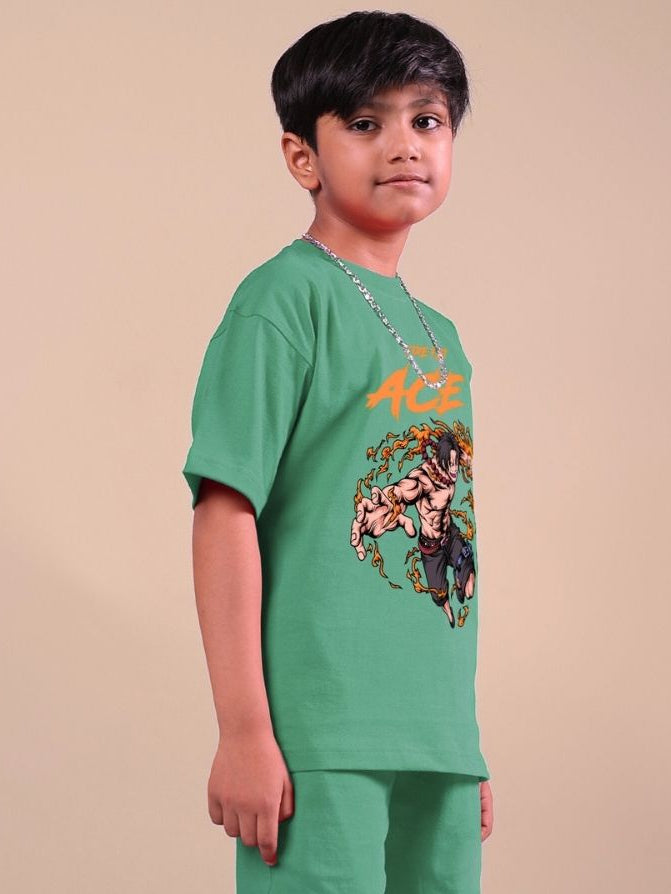 Child wearing unisex ACE green t-shirt for boys and girls, showcasing vibrant color and playful design, ideal for active kids.