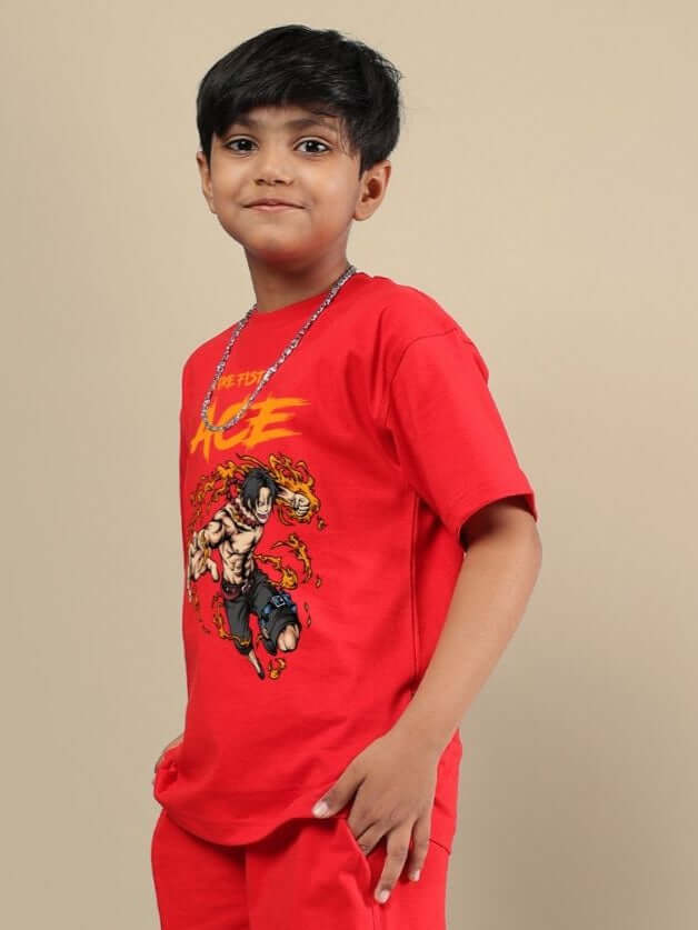 Boy wearing ACE T-SHIRT FOR BOYS AND GIRLS RED with graphic design, showcasing style and comfort.