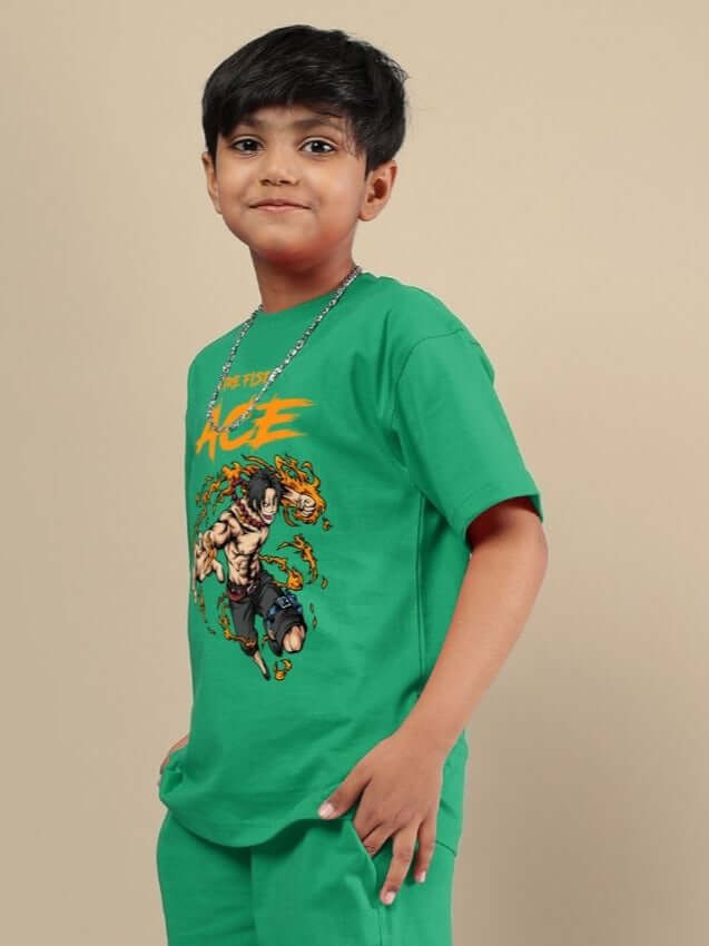 Child wearing ACE T-SHIRT FOR BOYS AND GIRLS GREEN with graphic design, optimal for comfort and style.