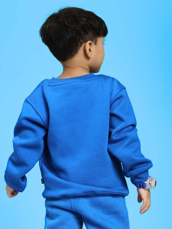 Boy wearing Adventure Bunny Fleece Sweatshirt for Boys and Girls Blue, showcasing back view against solid blue background.