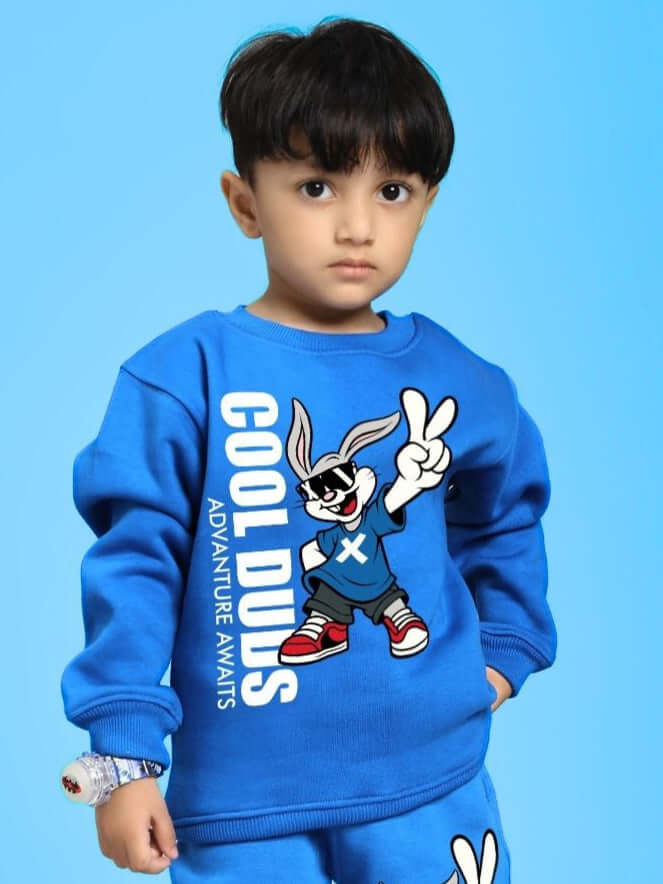 Child wearing Adventure Bunny Fleece Sweatshirt for Boys and Girls Blue showing cartoon bunny graphic.