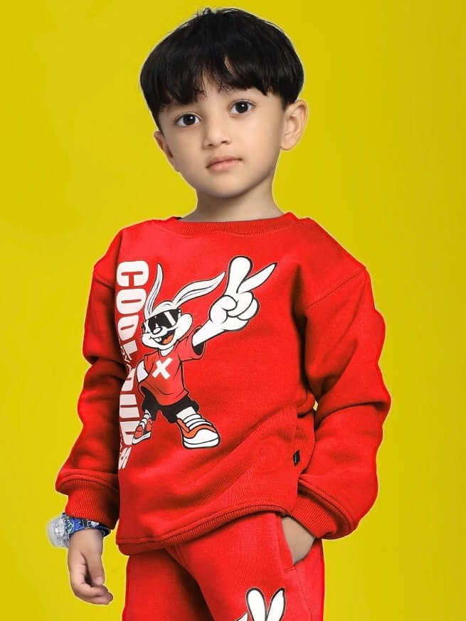 ADVENTURE BUNNY FLEECE SWEATSHIRT FOR BOYS AND GIRLS RED - KIDS SWEATSHIRT