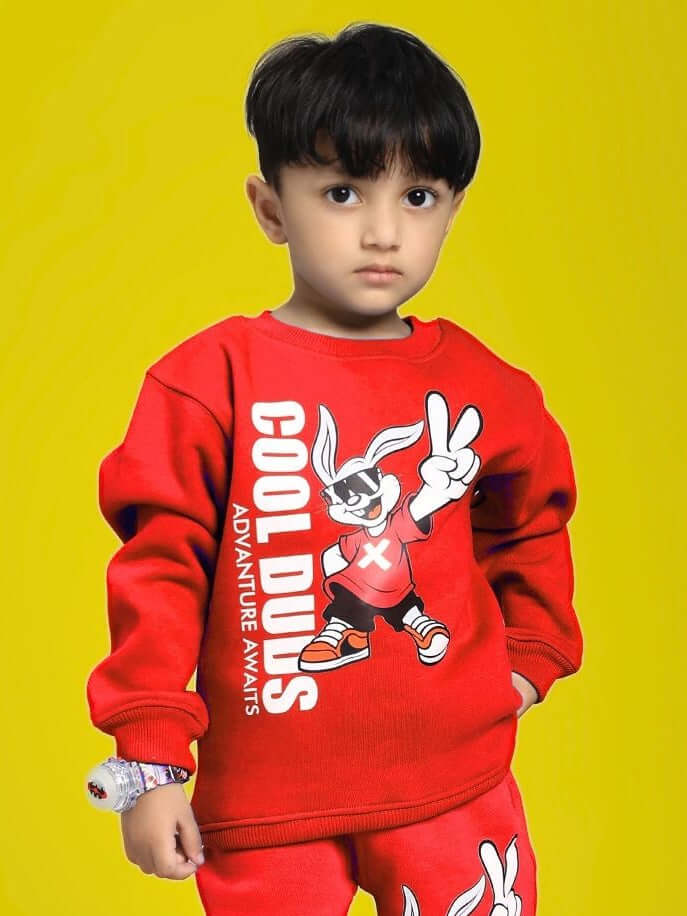 ADVENTURE BUNNY FLEECE SWEATSHIRT FOR BOYS AND GIRLS RED - KIDS SWEATSHIRT