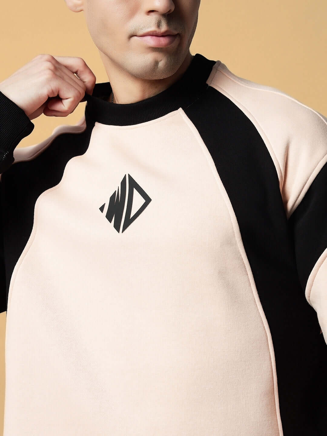 Person wearing AERO OVERSIZED FLEECE SWEATSHIRT BEIGE, showcasing stylish design and warmth.