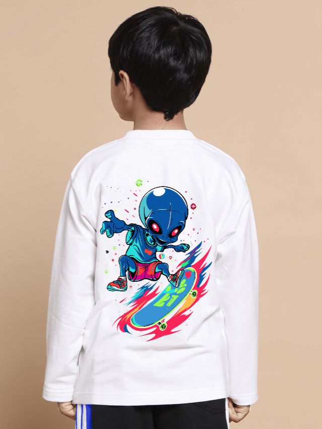 Boy wearing white ALIEN oversized sweatshirt with colorful alien graphic.