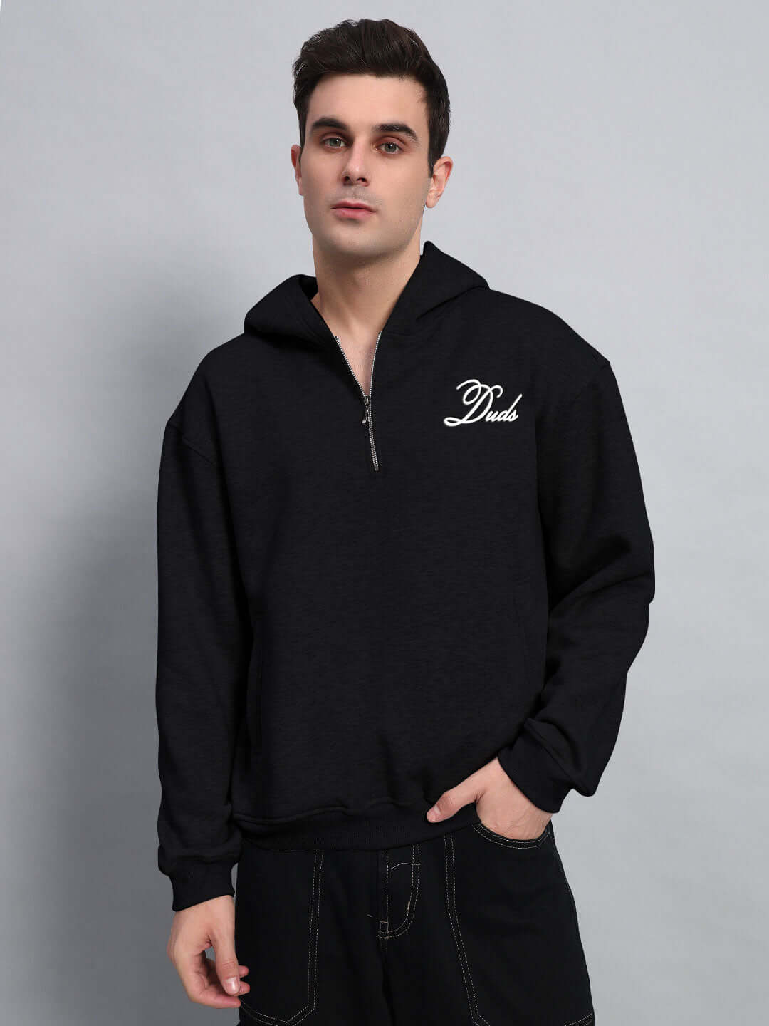 WEARDUDS AMARILLO FLEECE HOODIE BLACK worn by model against gray background
