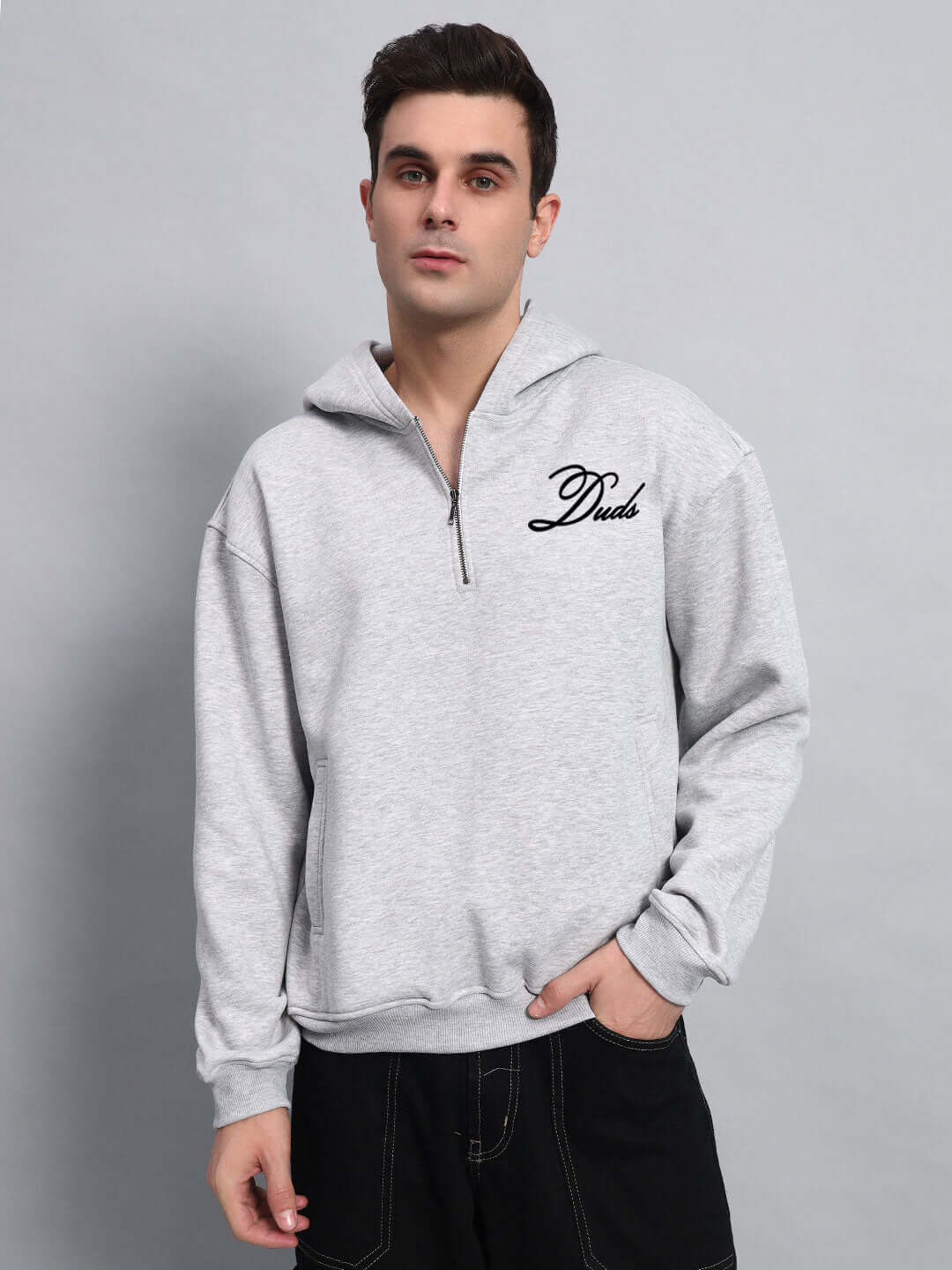 Model wearing AMARILLO FLEECE HOODIE MELANGE GREY by Duds, featuring a comfortable and stylish design. Perfect for casual wear.