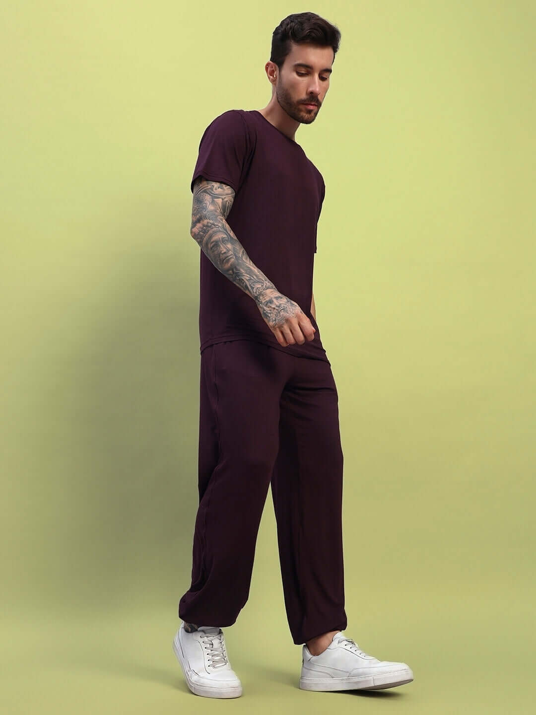 Model wearing AMBLE CO-ORD SET in maroon, made of premium modal fabric, showcasing a stylish and comfortable design.