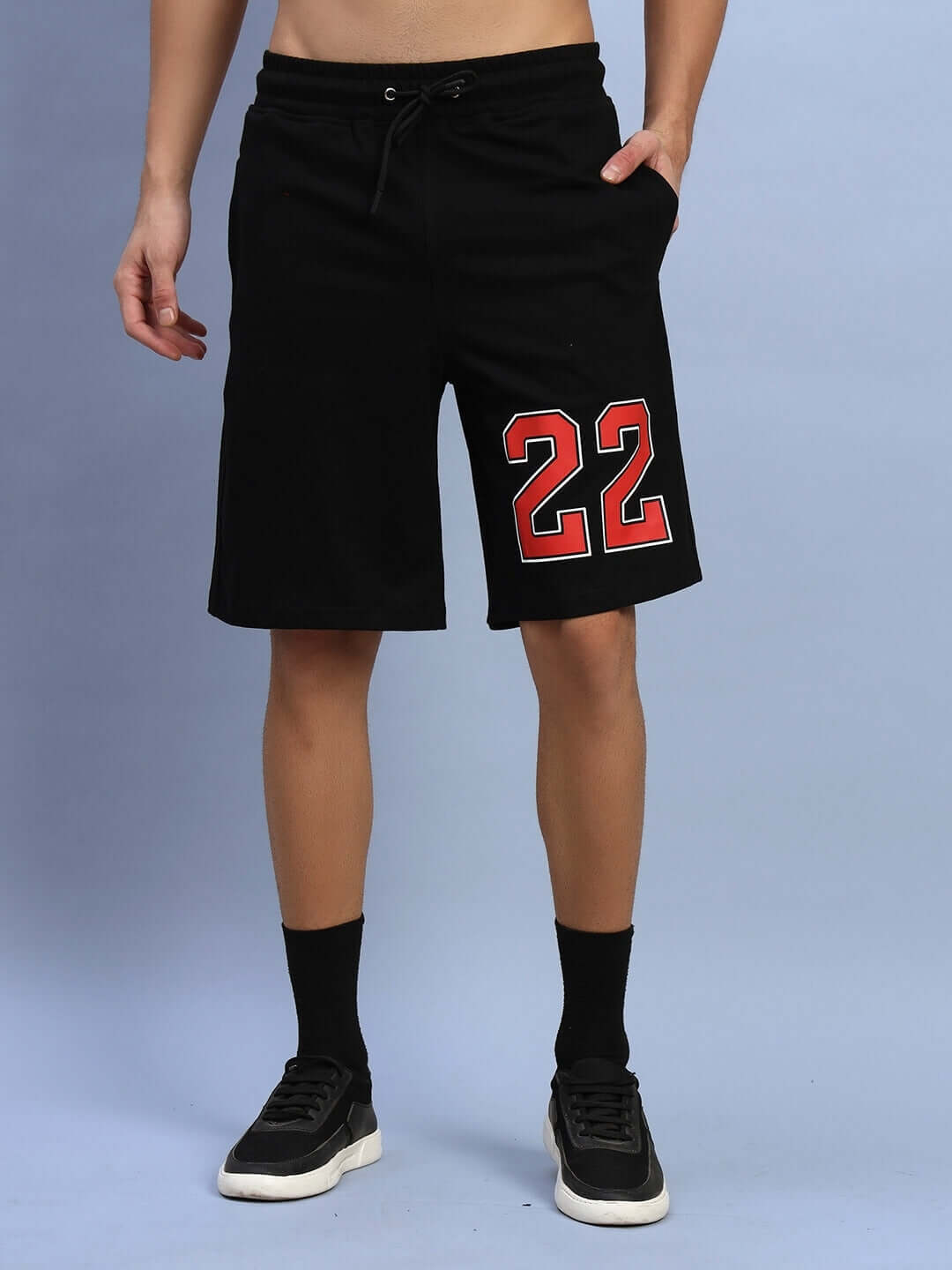 AMIGA REGULAR FIT SHORTS BLACK featuring unique red '22' design, available in custom fit upon prepaid orders. Stylish and comfortable wear.