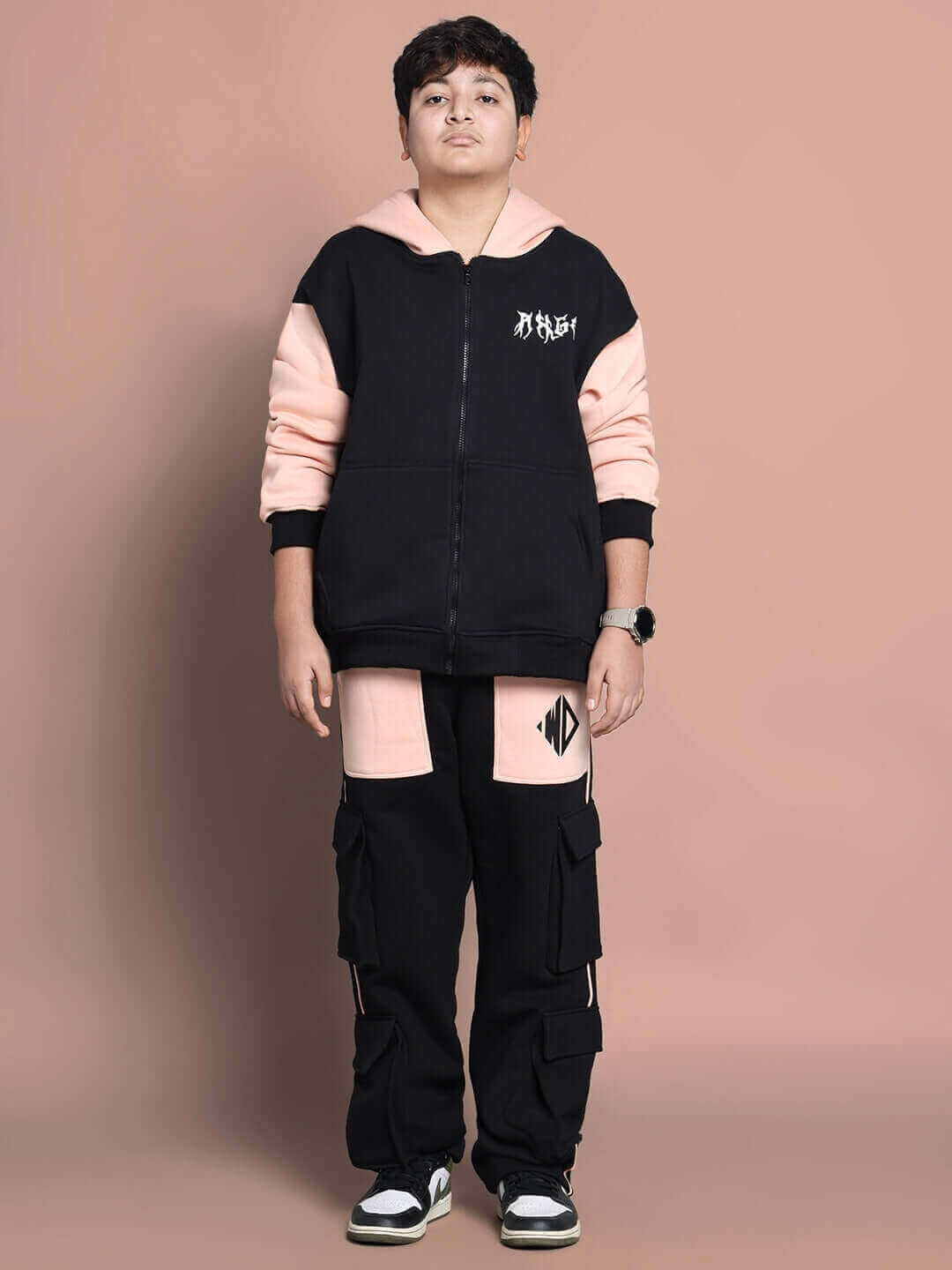 Black and beige Angel Wings fleece jogger for boys and girls, showcasing stylish design and comfort.