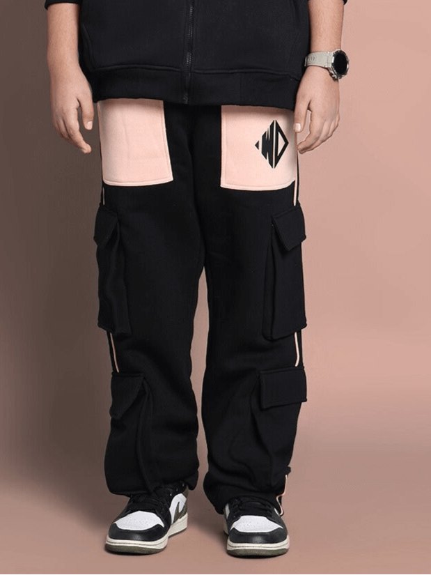 Black-beige fleece jogger pants for boys and girls featuring angel wing design and cargo pockets.