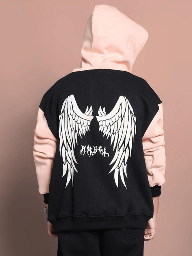 Black-beige oversized hoodie with angel wings design on back, suitable for boys and girls. Trendy fashion for kids.