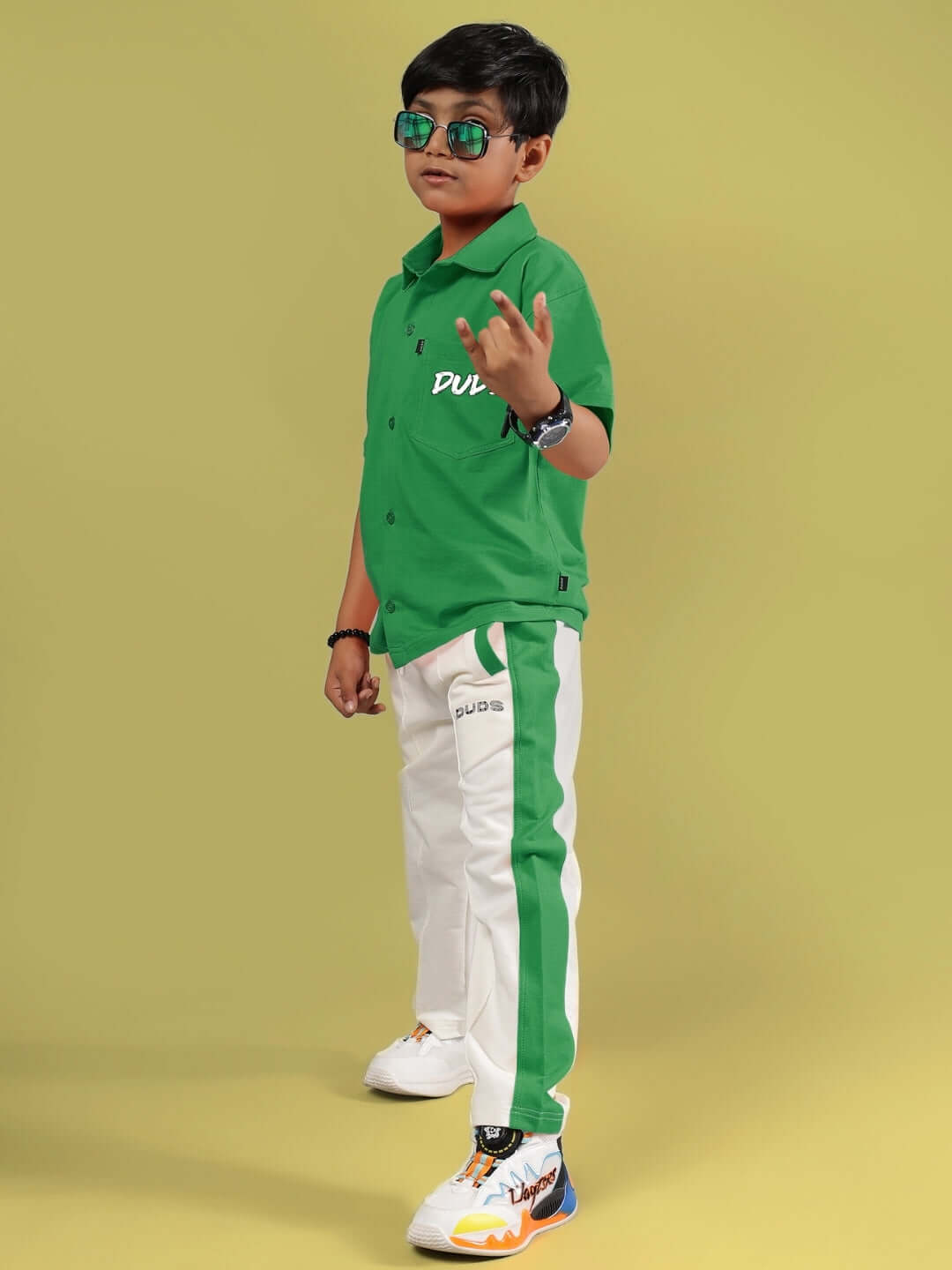 Child modeling Angry Sponge Co-Ord in green and off-white, suitable for boys and girls. Made to order, customizable size options available.