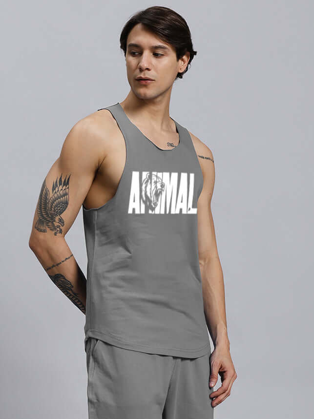 ANIMAL PRINTED GYM T-SHIRT GREY in action, perfect for workout or casual wear, featuring custom fit option for personalized comfort.