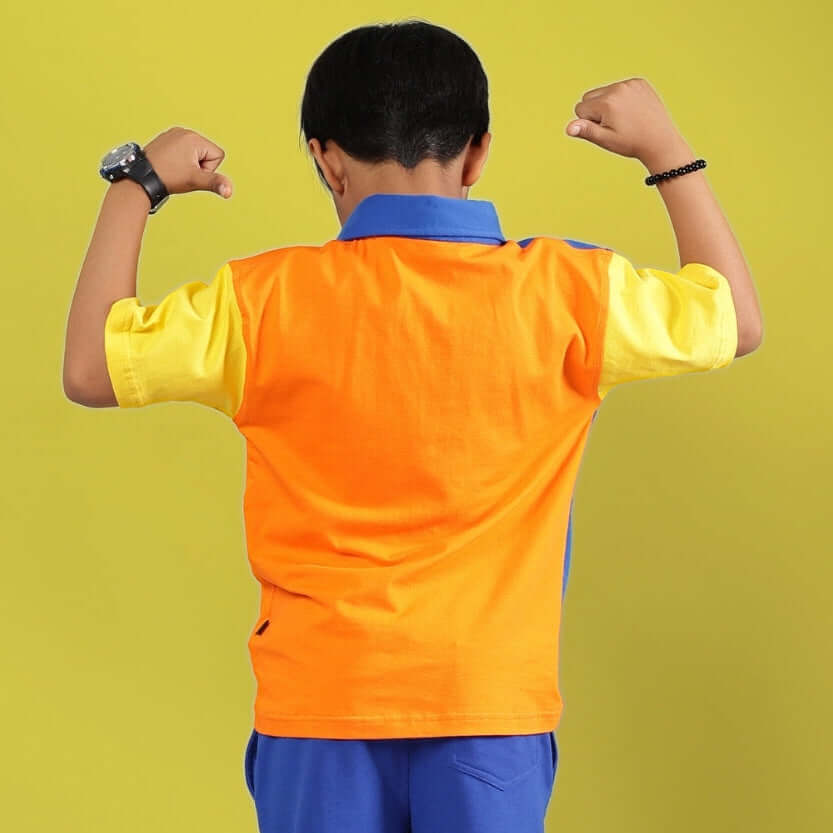 Child wearing Apex Shirt for Boys & Girls in Multi Blue, showcasing colorful back design, made-to-order by tailor at DUDS.