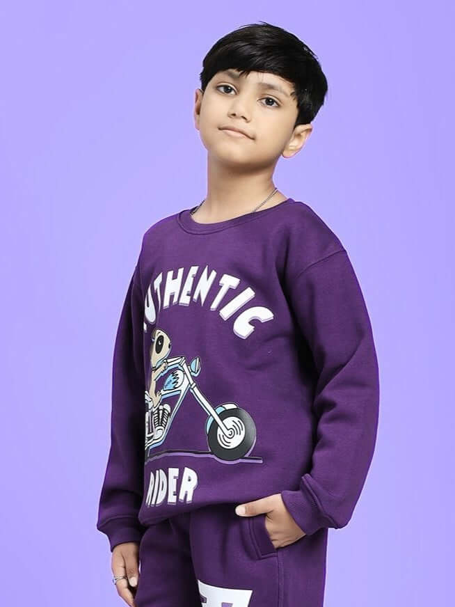 Child wearing AUTHENTIC RIDER FLEECE SWEATSHIRT FOR BOYS AND GIRLS PURPLE, showcasing street-ready style and comfort.