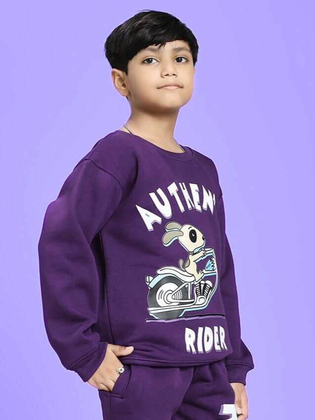 Child wearing AUTHENTIC RIDER FLEECE SWEATSHIRT FOR BOYS AND GIRLS PURPLE, showcasing modern style and comfort.