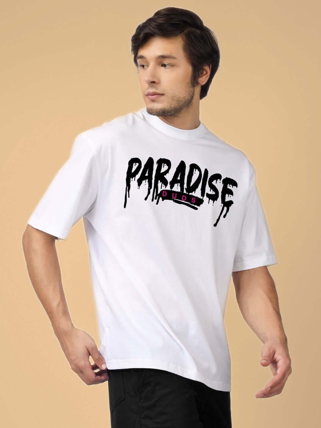 Model wearing FULNESS PARADISE OVER-SIZED T-SHIRT WHITE featuring relaxed fit and stylish graphic design.