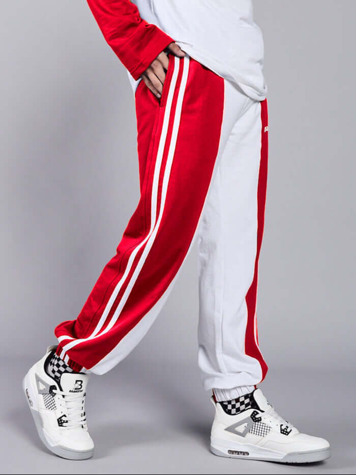 BALMY relaxed fit jogger in white red for custom size orders, comfortable athletic wear by DUDS, experienced tailor craftsmanship.