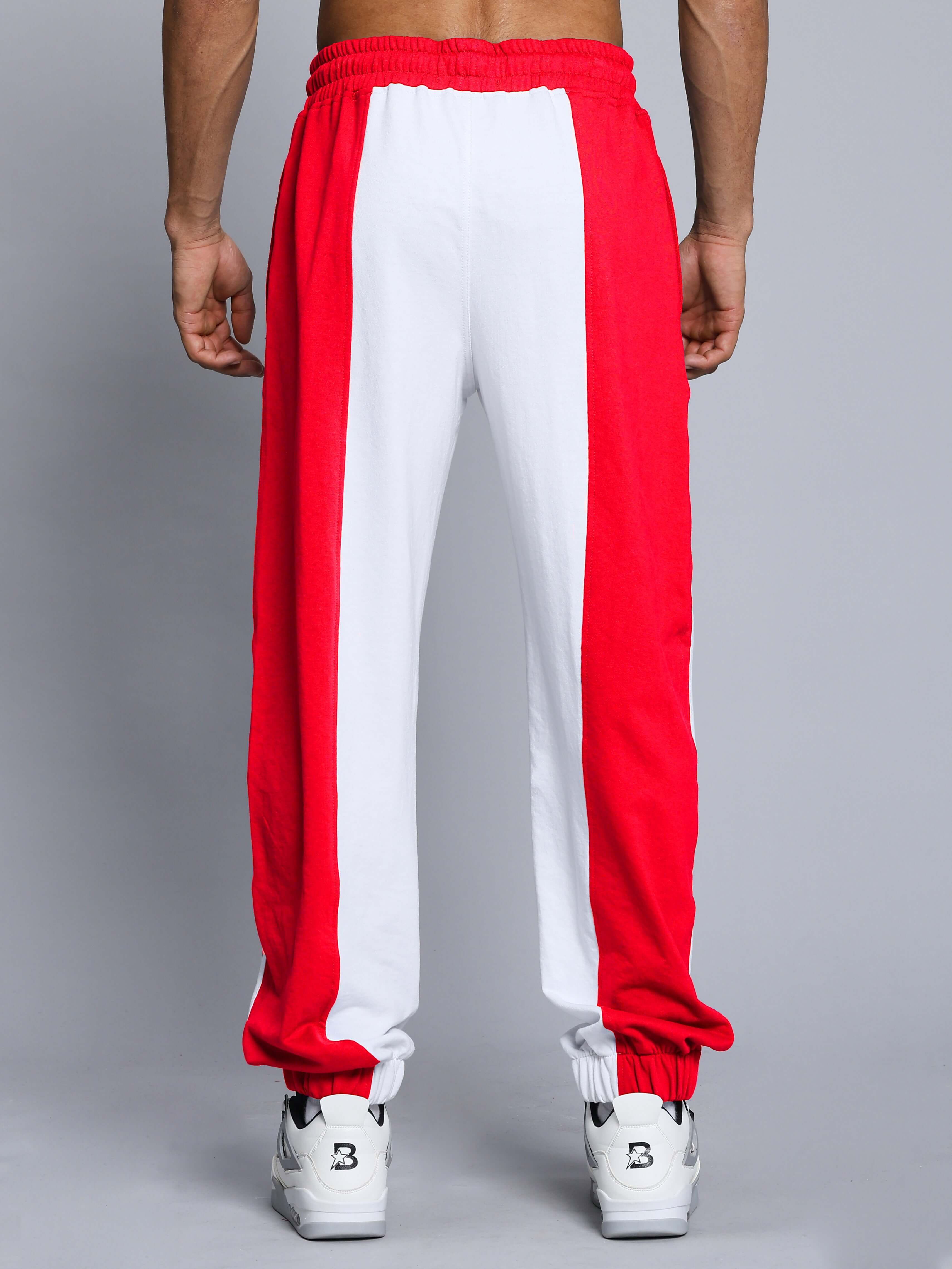 BALMY Relaxed Fit Jogger in white and red, back view, offers comfort with tailored craftsmanship; customizable for a perfect fit.