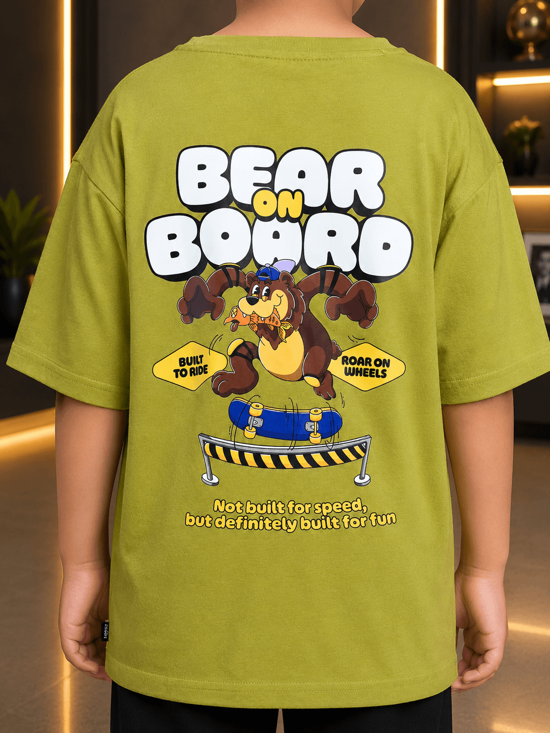BEAR ON BOARD CO-ORD FOR BOYS GIRLS OLIVE GREEN BLACK featuring a cool bear graphic on the back.