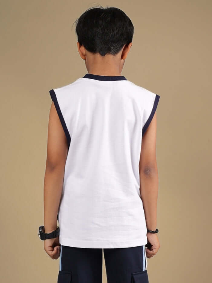 Back view of BEEP BEEP T-SHIRT FOR BOYS & GIRLS WHITE, worn by a child, showcasing sleeveless design.