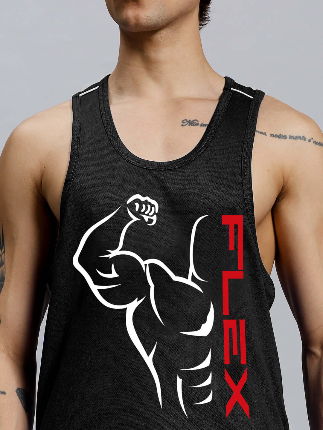 FLEX GYM SLEEVELESS CO-ORD SET BLACK featuring muscle graphic on front, ideal for workouts, made of sports polyester fabric.