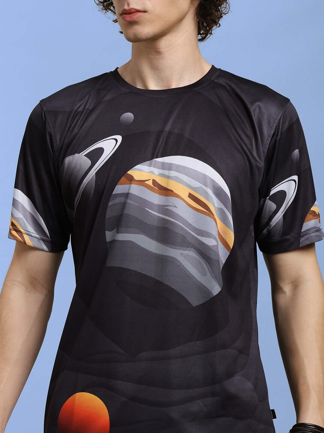 Black space fantasy printed t-shirt featuring planet designs, made of sports polyester fabric.
