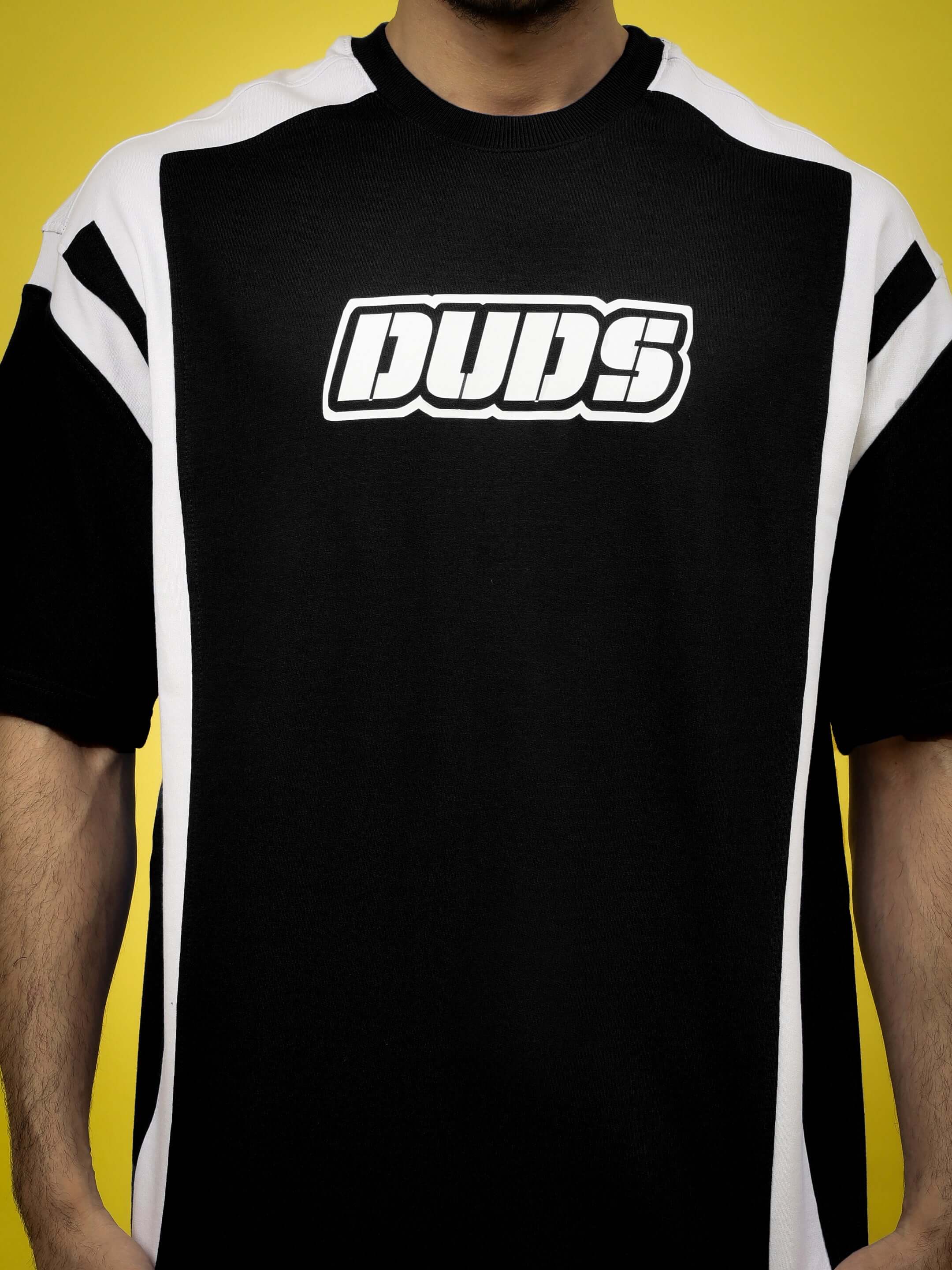Ninja Storm Over-Sized Black T-Shirt with white stripes, 97% premium cotton, 3% elastane, bold design, stylish and comfortable.