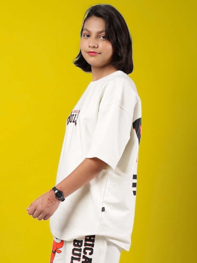 BLAZE BULLS OVERSIZED T-SHIRT FOR BOYS & GIRLS OFF WHITE worn by model