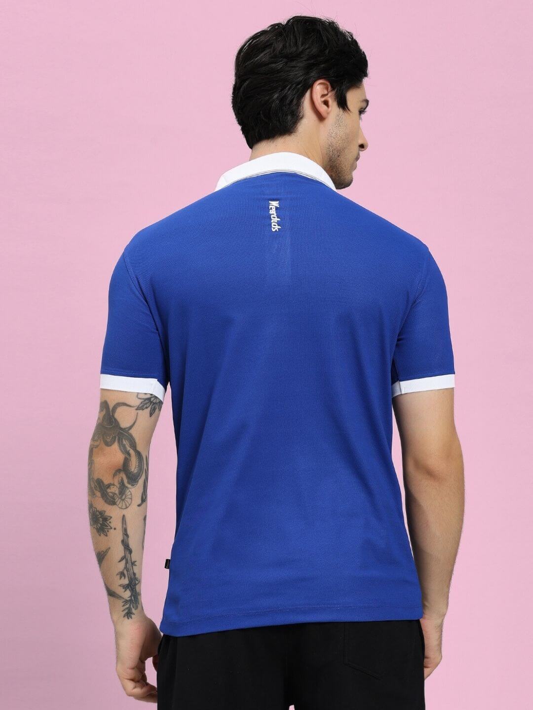 Back view of EDGE POLO REGULAR FIT T-SHIRT BLUE showcasing design and fit on a model, emphasizing comfort and style.