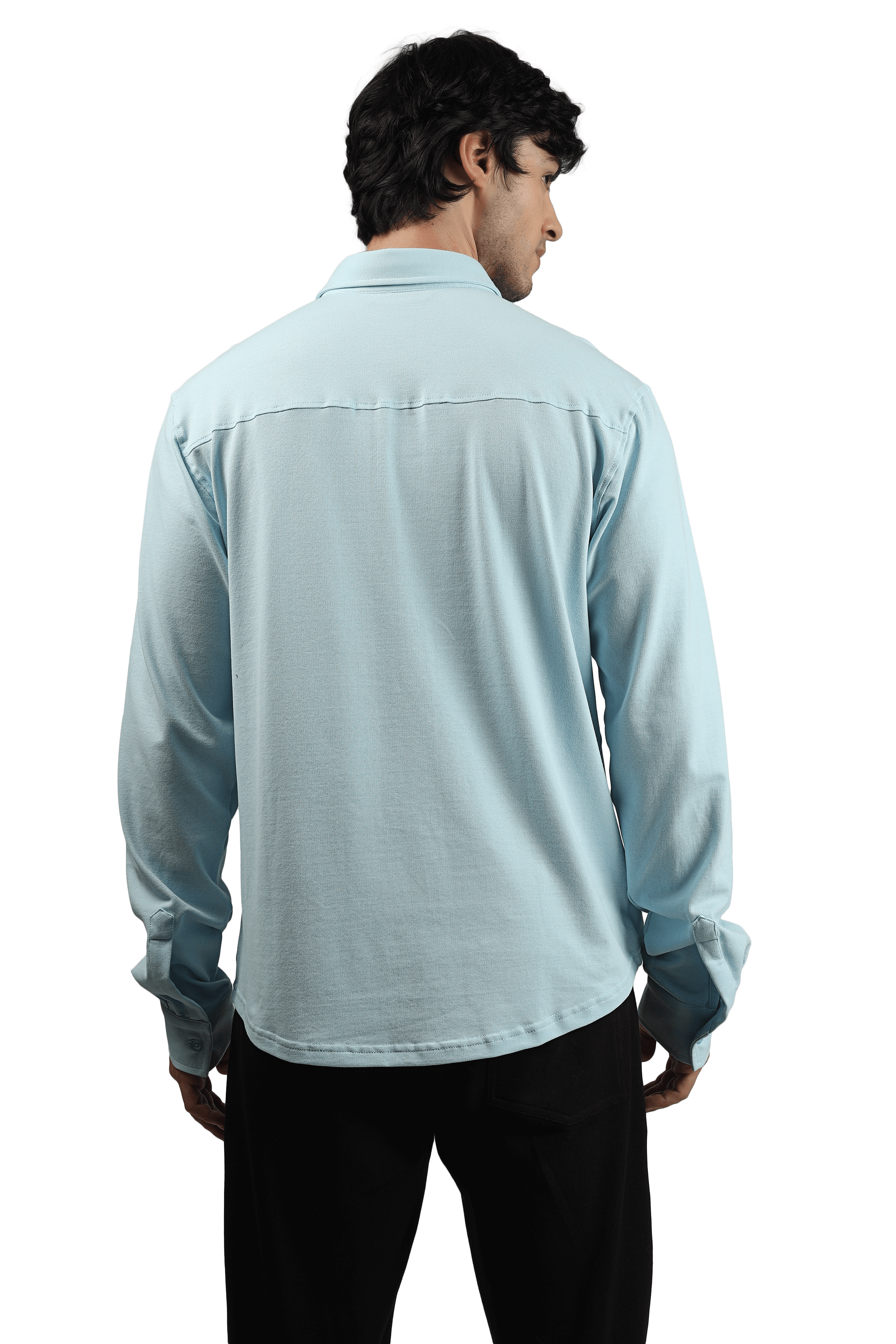 Back view of a man wearing a powder blue sporty pique full sleeve shirt with superior stretch, wrinkle-free fabric and a curved hem.
