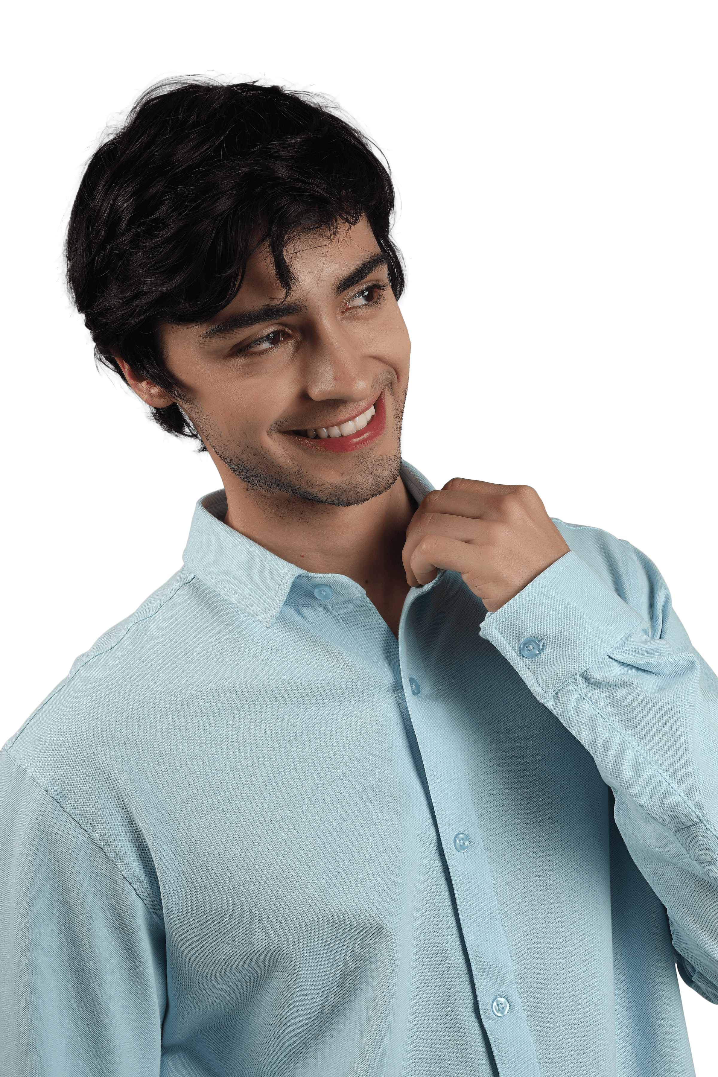 Model wearing a powder blue sporty pique shirt with full sleeves, showcasing a slim fit. Made from 100% cotton lycra with wrinkle-free fabric.