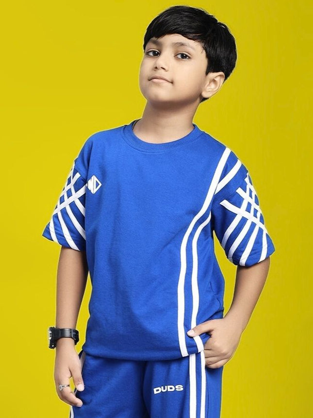 UNITED STRIPE T-SHIRT FOR BOYS AND GIRLS BLUE worn by young boy on yellow background