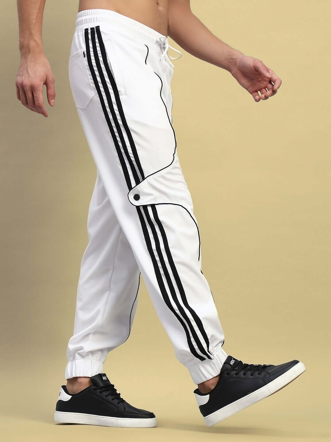 BOLSON Stripes Relaxed-Fit White Joggers, Custom Fit Option, Comfortable Activewear with Stylish Design.