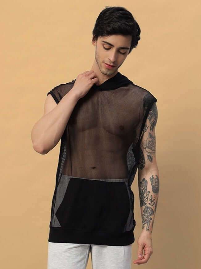 Model wearing a black mesh sleeveless hoodie vest with tattoos, showcasing the breathable design and modern style.