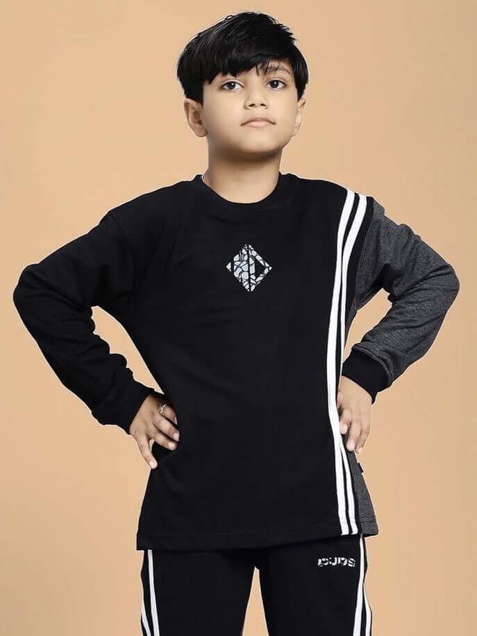 Child wearing BOSCO STRIPE SWEATSHIRT BOYS AND GIRLS BLACK DARK GREY, unisex kids fashion for everyday wear.