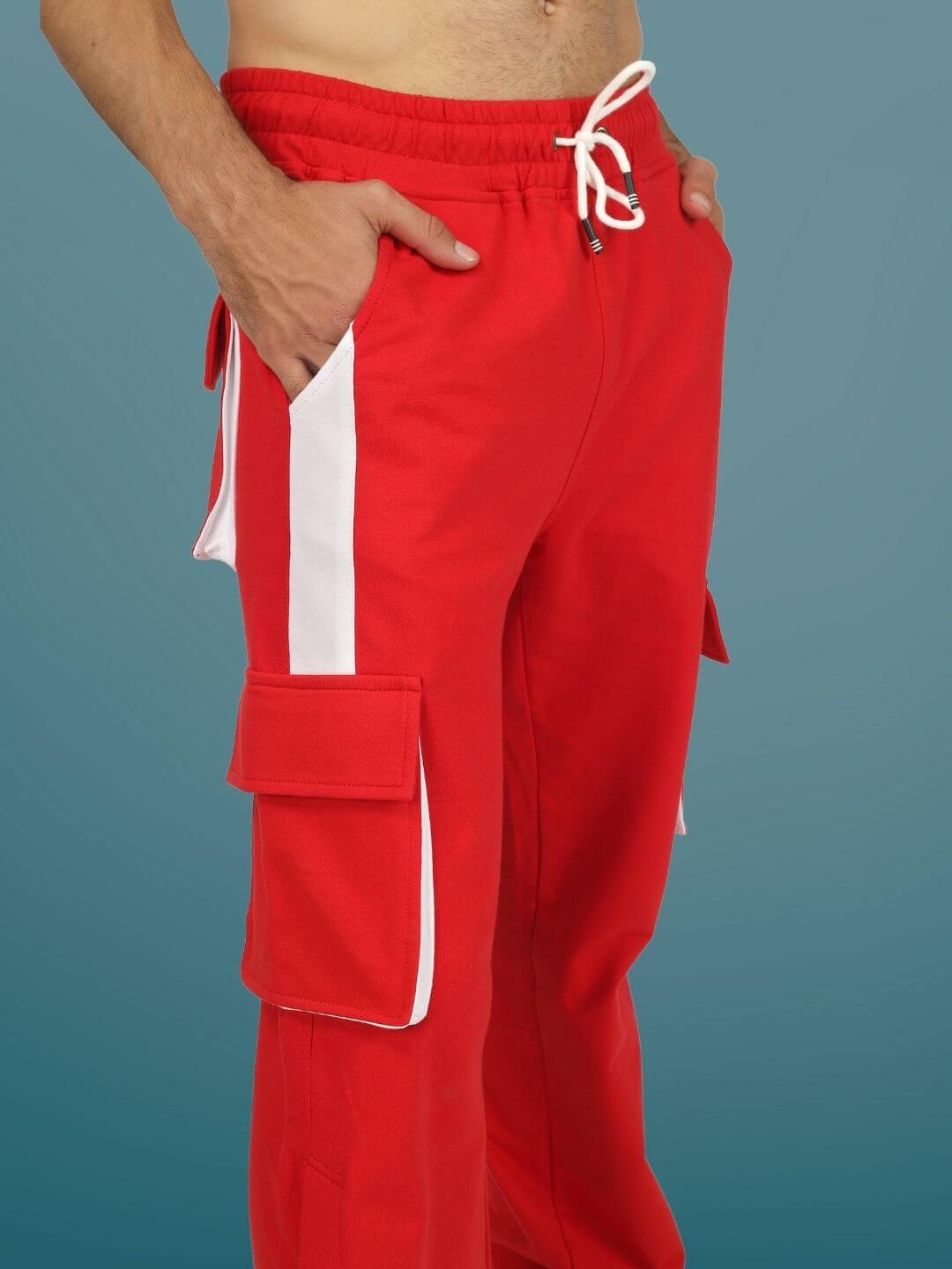 Red and white highlighter BRACKET cargo pant with pockets, showcasing bold design and craftsmanship by DUDS.