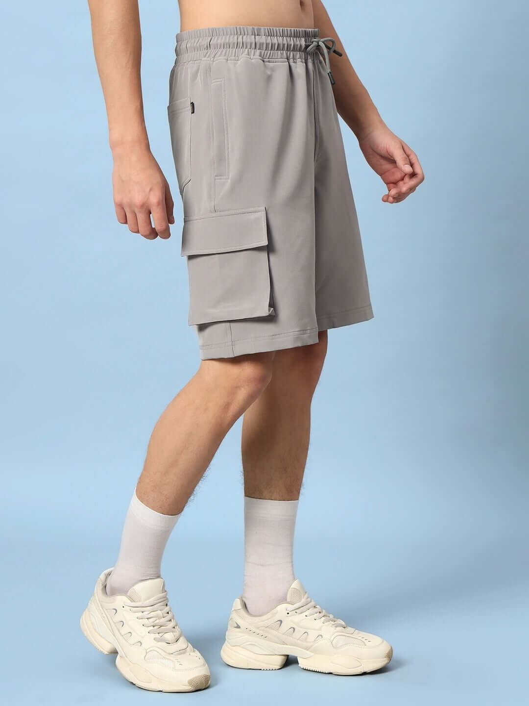 Brawny grey cargo shorts with custom fit option for personalized sizing, perfect for casual wear and outdoor activities.