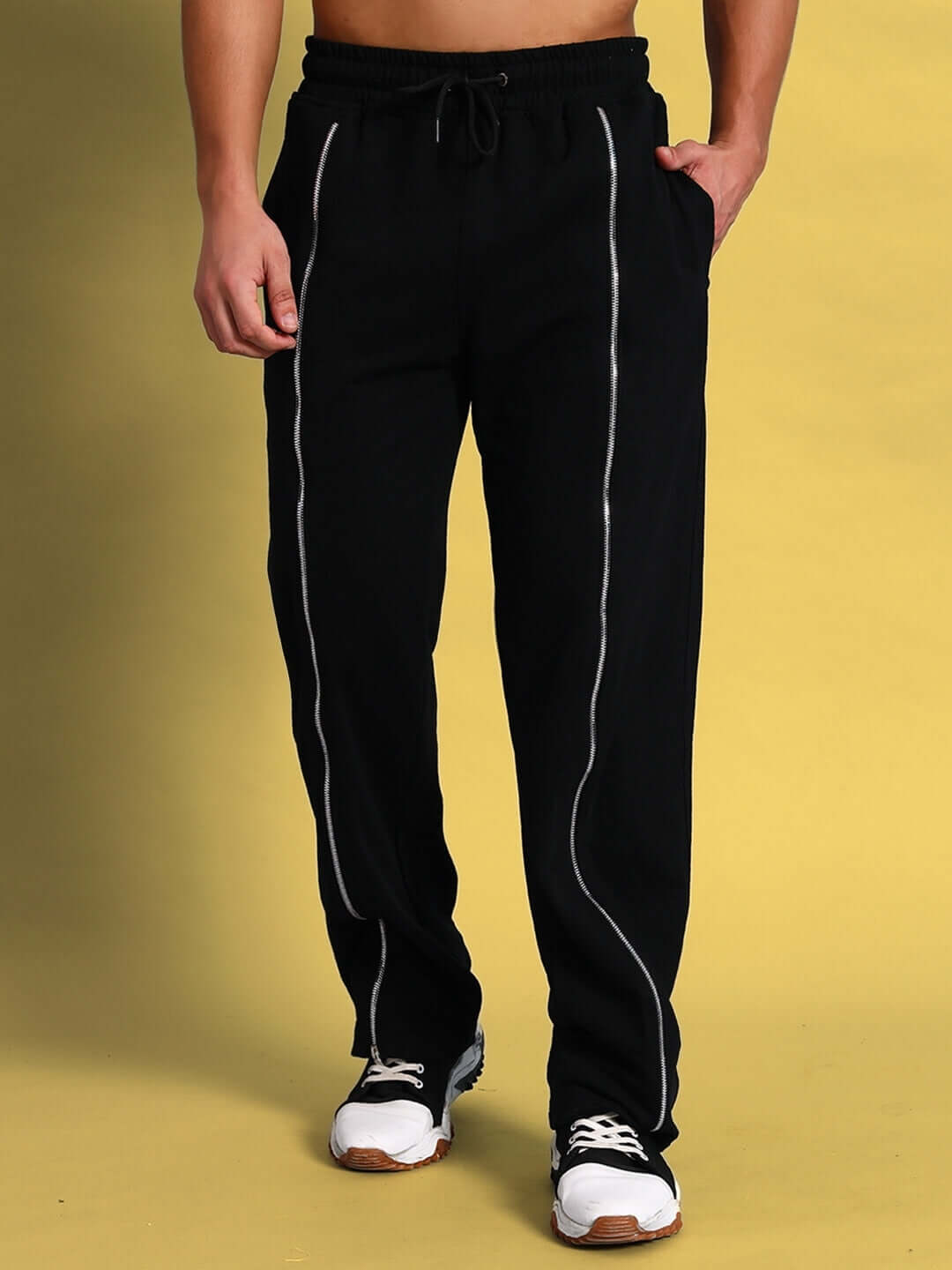 Black front open zipper joggers by DUDS, showcasing sleek design and custom fit options. Ideal for casual wear and tailored to perfection.