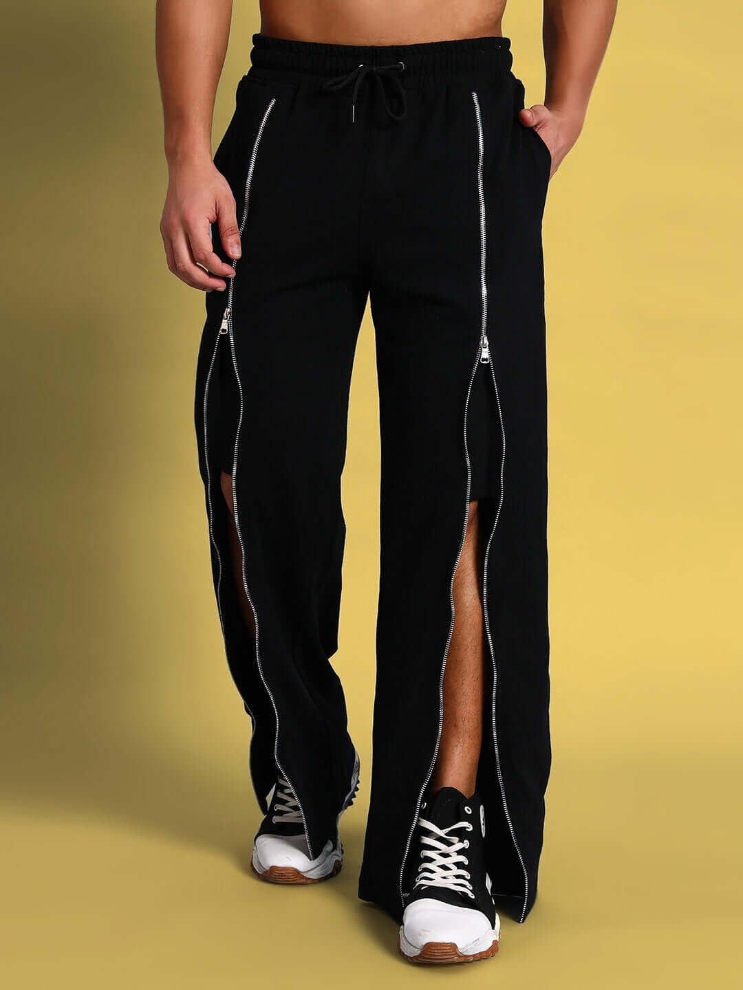 Black joggers with front open zippers, tailored by DUDS. Custom fit available for personalized sizing.