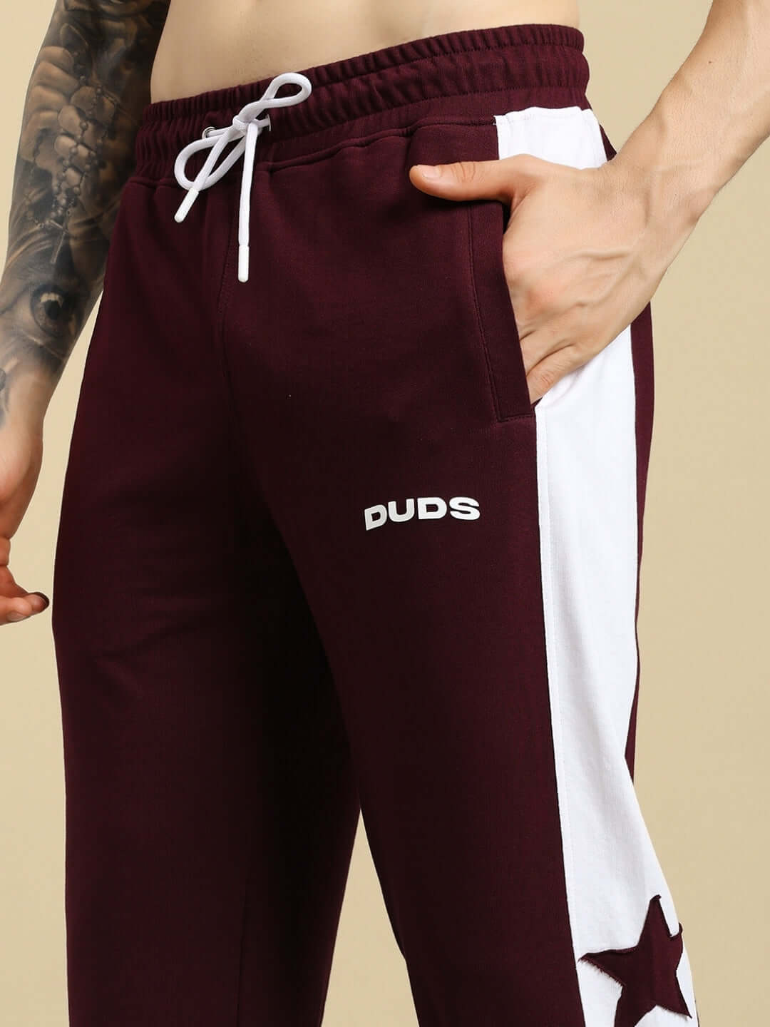 Brox Star Relaxed Fit Joggers in Maroon-White with drawstring and custom fit options by DUDS.