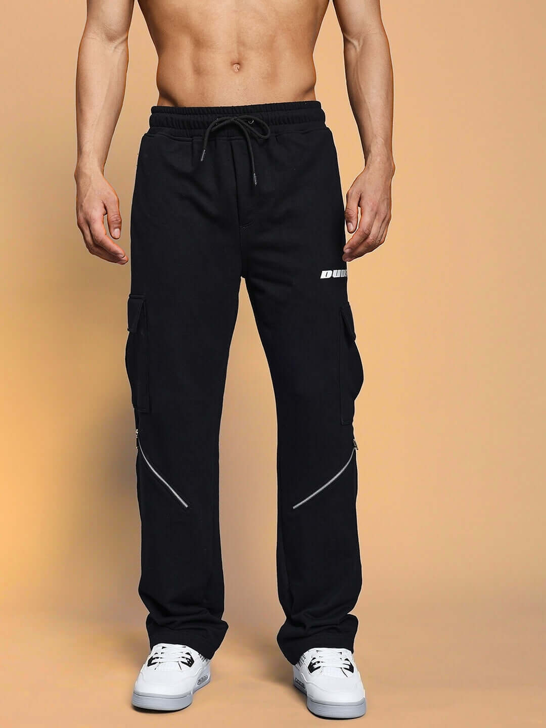 Model wearing BRUNO 5 Pocket Cargo Pant in black, tailored for comfort and style, emphasizing versatile design and custom fit options.