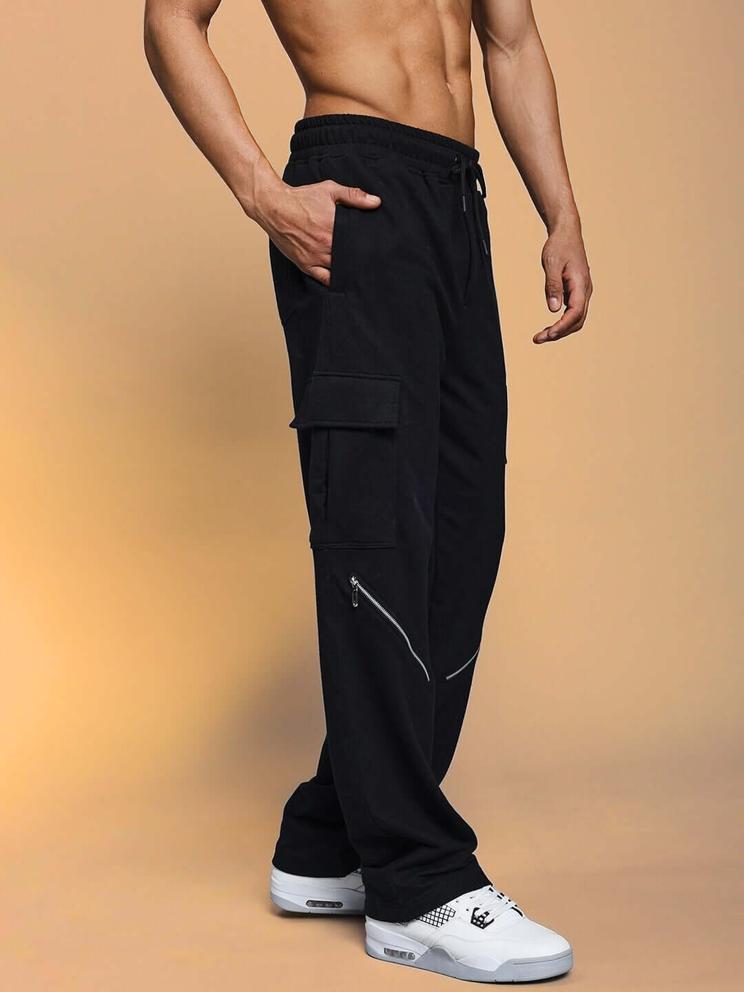 Model wearing BRUNO 5 Pocket Cargo Pant in black, showcasing versatile cargo design with a comfortable fit.