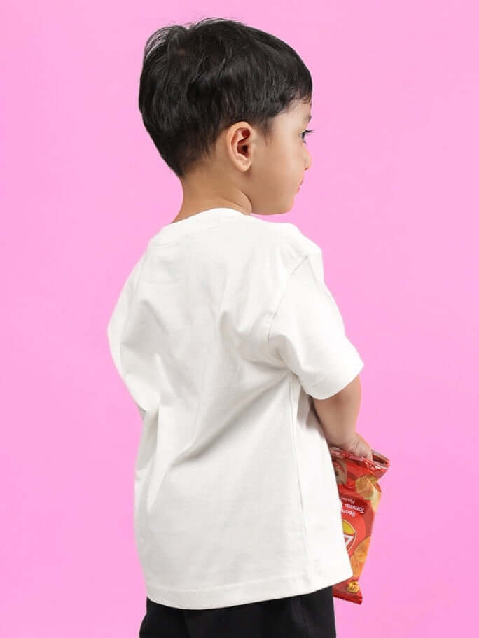 BRUNO OVERSIZED T-SHIRT FOR BOYS GIRLS OFF WHITE on child, pink background