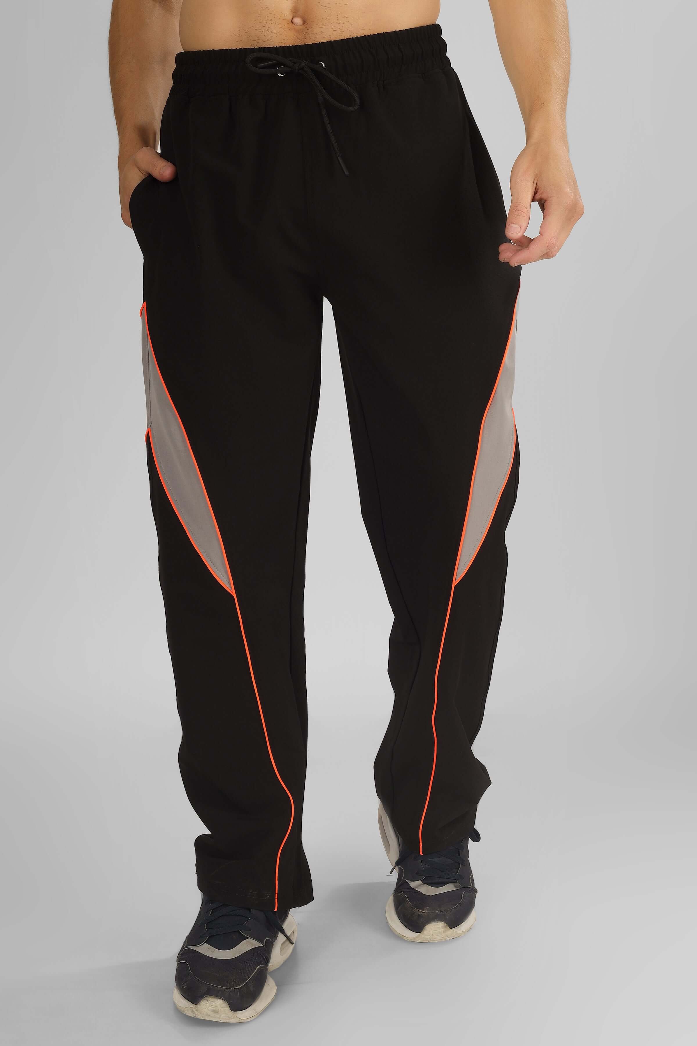 BULLET Relaxed Fit Cargo Pants in black with customizable size options, featuring orange stripe design and comfort fit for casual wear.