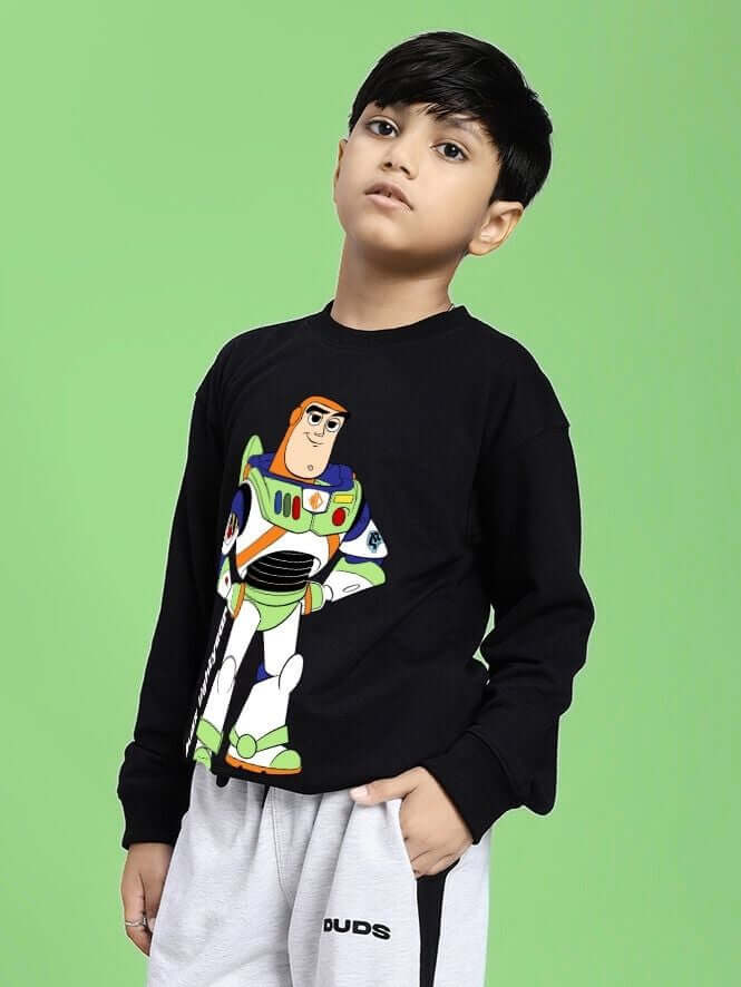 Child wearing BUZZ LIGHTYEAR SWEATSHIRT FOR BOYS AND GIRLS BLACK with Buzz Lightyear graphic design.