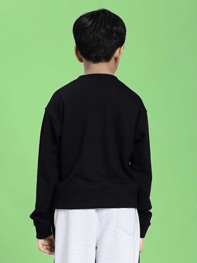 BUZZ LIGHTYEAR SWEATSHIRT FOR BOYS AND GIRLS BLACK worn by a child, rear view on green background.