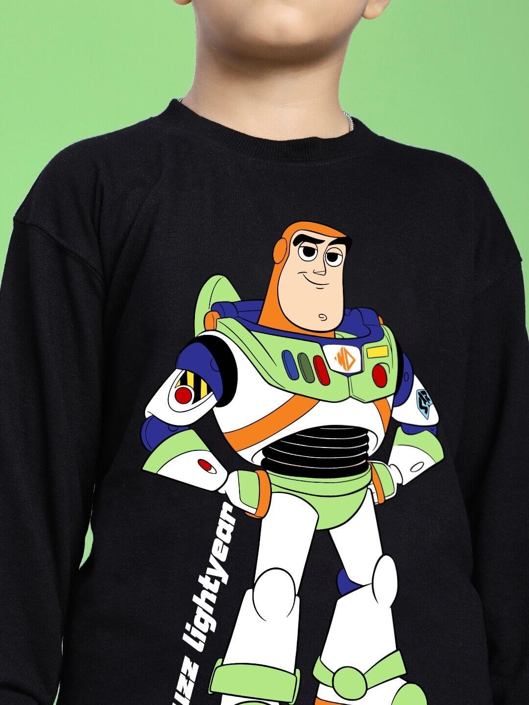 BUZZ LIGHTYEAR SWEATSHIRT FOR BOYS AND GIRLS BLACK featuring cartoon character Buzz Lightyear on the front.